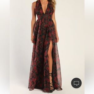 Lulus Garden of Passion Black Floral Print Organza Maxi Dress with Slit Size L